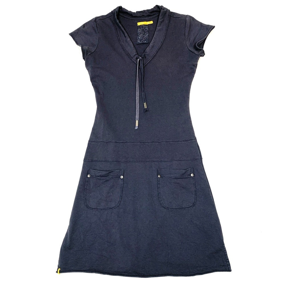 Lole Womens XS Navy Blue Cotton Jersey Drop Waist Cap Sleeve Dress V Neck